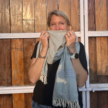Load image into Gallery viewer, Soft Grey with Blue End Stripe Shawl